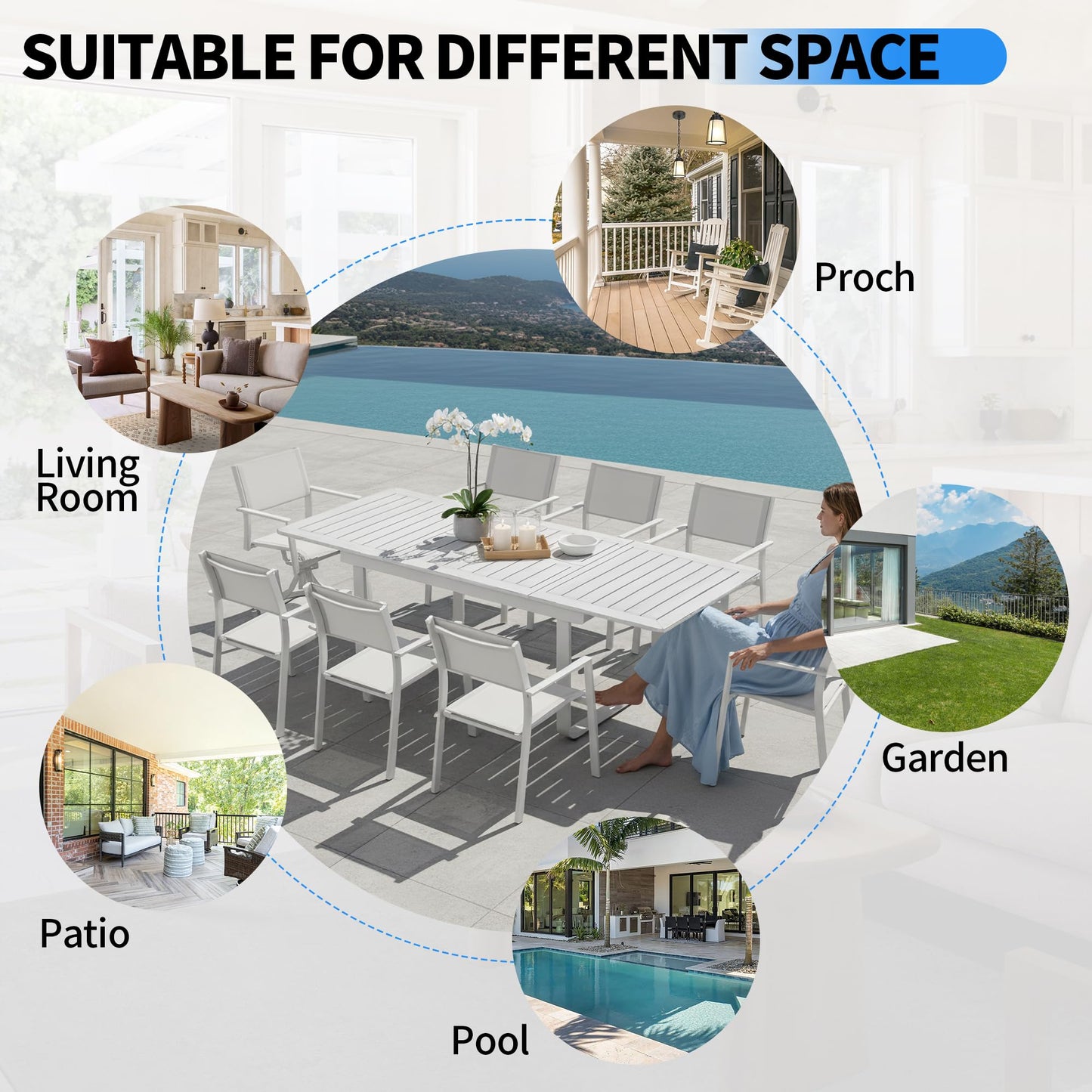 CikaCika Outdoor Patio Dining Table, Patio Expendable Dining Table with Umbrella Hole, Aluminum Frame Wood-Grain Patio Dining Table for 6-10 People, Patio Furniture Set for Backyard, Deck, Poolside