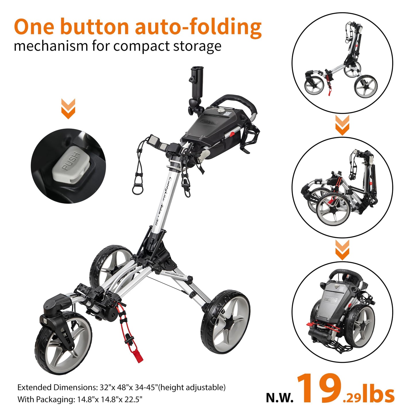 Caddytek CaddyLite Auto+360 Golf Push Cart - 4 Wheel Lightweight Foldable Golf Pushcart with Auto Folding, 360° Swivel Front Wheel, Aluminum Frame, EVA Wheels, Foot Brake, Umbrella & Drink Holder