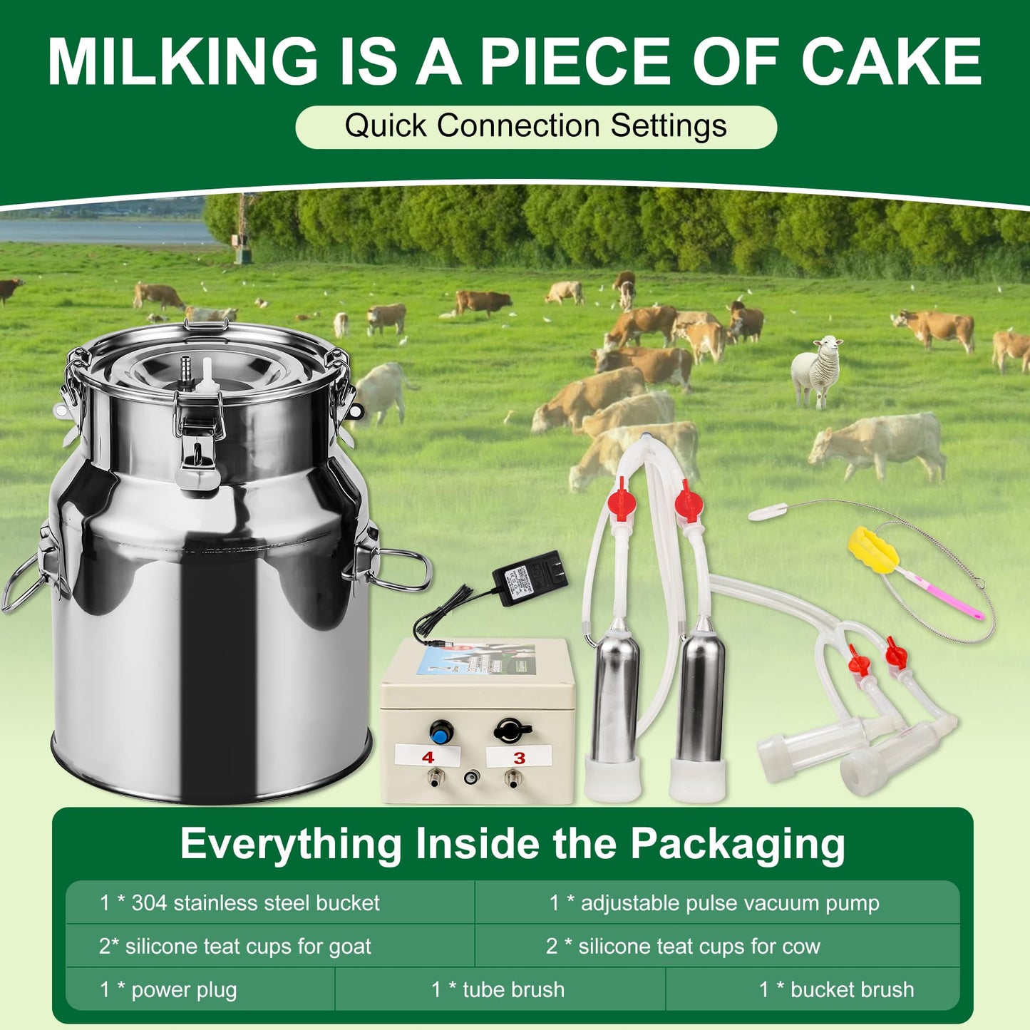 2026 Upgrade Zlshmoee 14L 2-in-1 Electric Milking Machine for Goats and Cows, Portable Milker with Built-in Rechargeable Battery, Pulsation Vacuum Pump, 4 Teat Cups, Stainless Steel Bucket