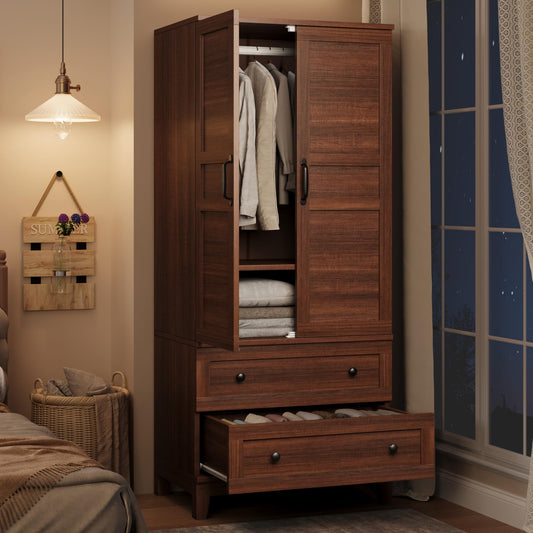 GarveeHome Armoire Wardrobe Closet with 2 Drawers,72 in Wooden Wardrobe Cabinet with Hanging Rod, Tall Clothing Armoire Cabinet with Doors and 18 Adjustable Shelves for Bedroom, Clothes,Walunt Brown