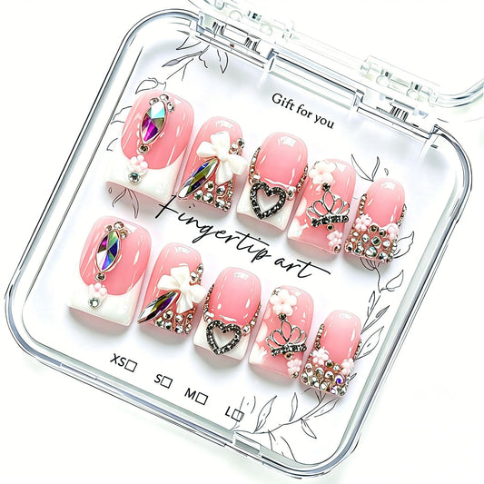 Handmade Acrylic Press on Nails Short Duck Nails Press on Nail Kit,With Rhinestones and Bow Design False Nails | Easy to Apply, Remove & Reusable, Salon - Quality(Size M)