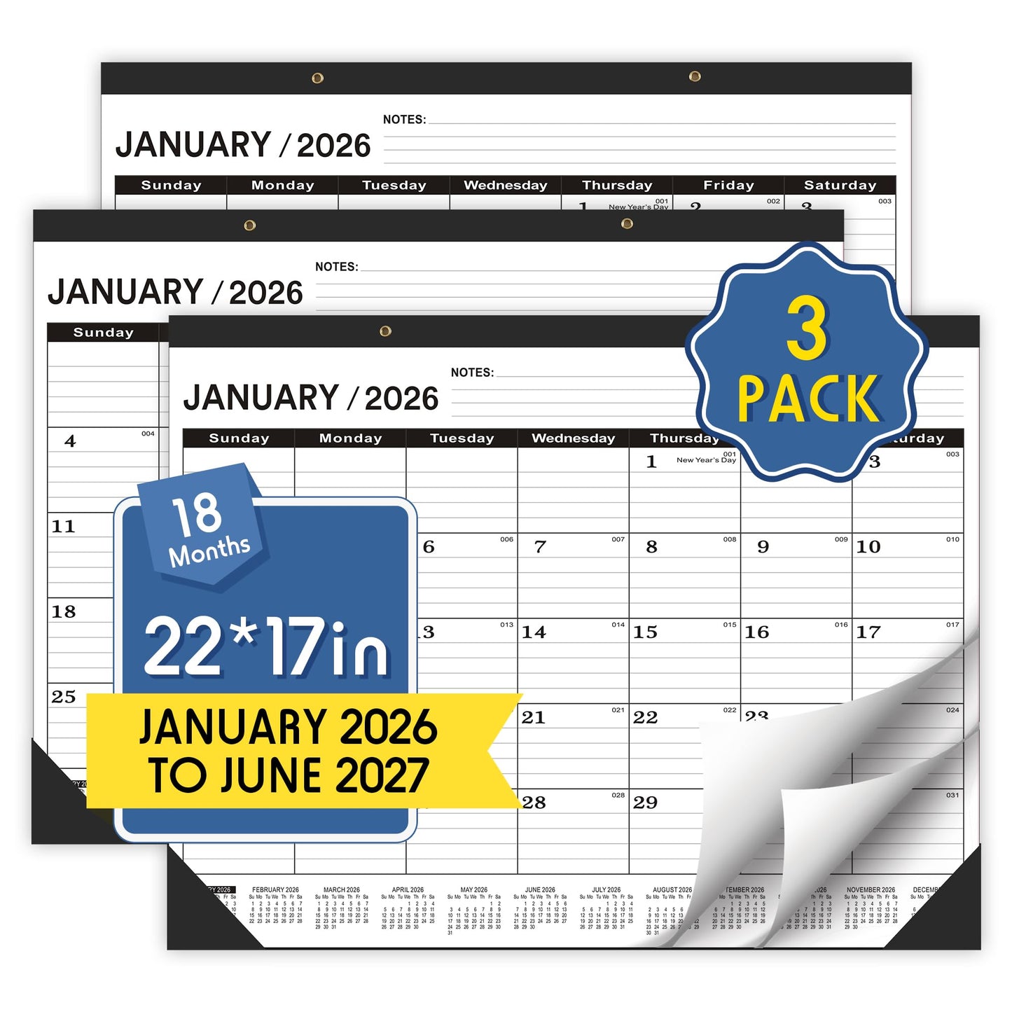 Desk Calendar 2026 Large 22x17,January 2026 to June 2027,Desk calendar 2026, Calendar 2026 with PVC Cover,Round Holes& NOTES List (Black),18 Months -3 PACK 2026 Desk Calender.