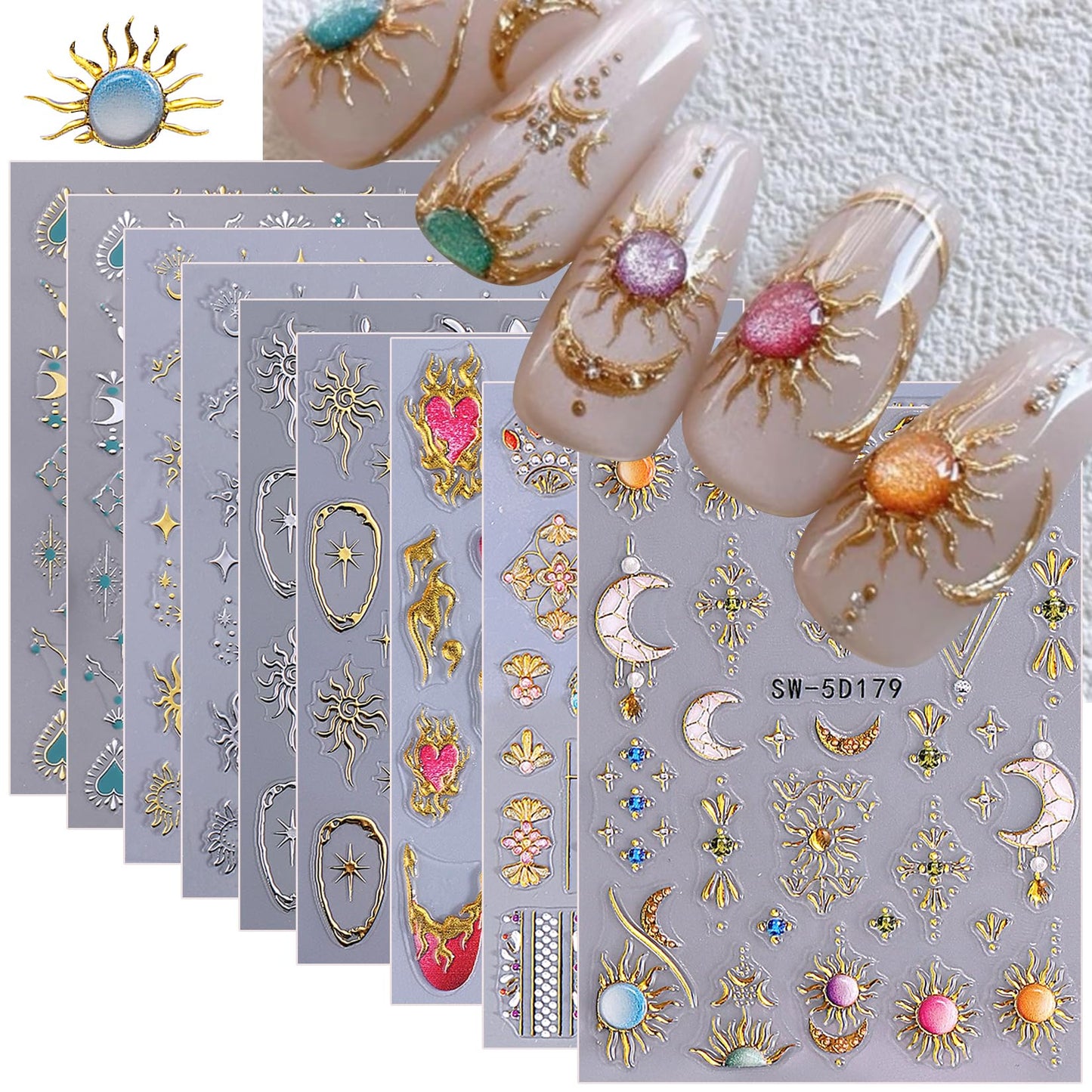Sun Nail Stickers Decals 9 Sheets Bohemian Style Nail Art Stickers 5D/3D Embossed Self Adhesive Moon Star Heart Flame DIY Metallic Designs Gothic Decoration Supplies Nail Accessories for Women
