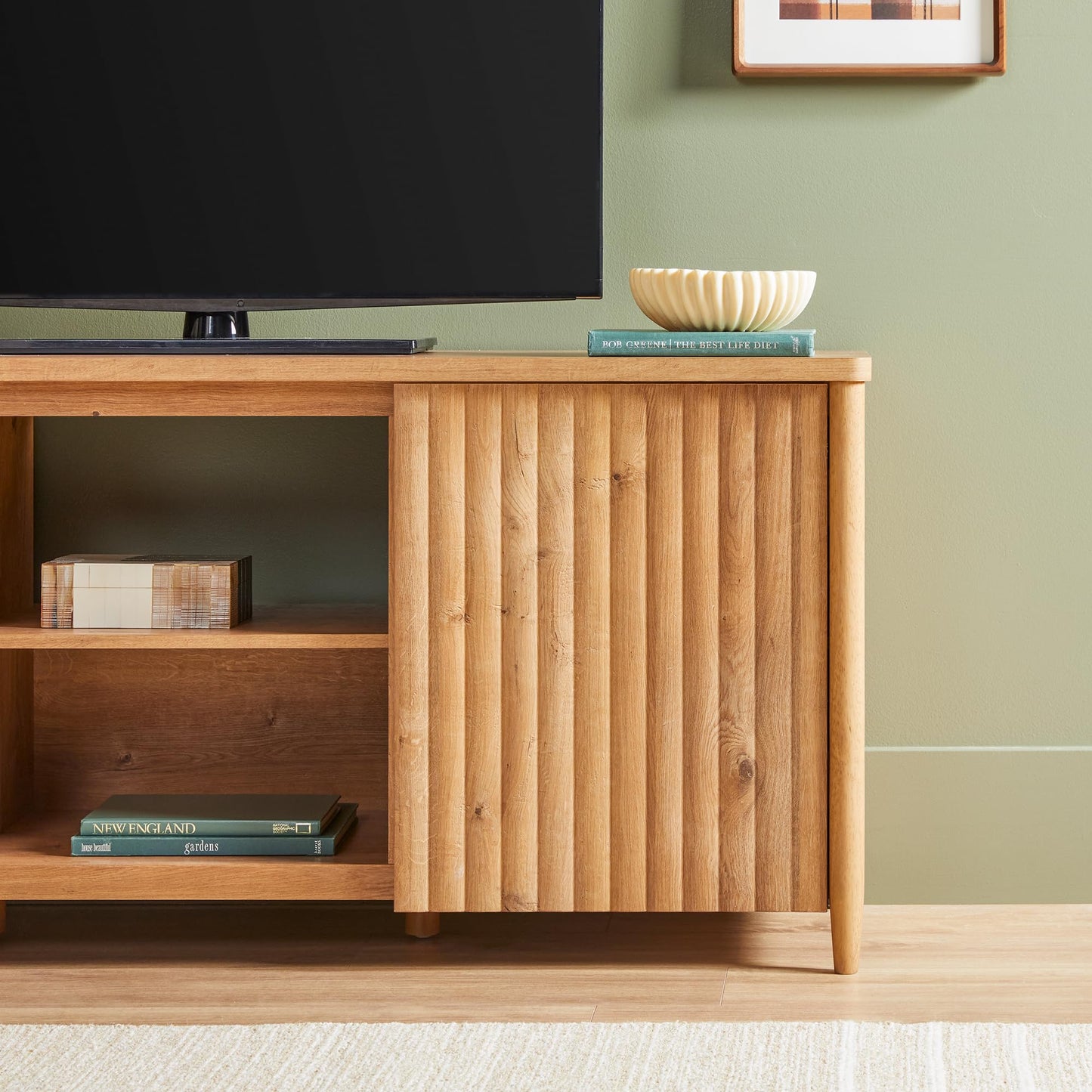 Walker Edison Scandinavian Reeded TV Stand with Storage for up to 70" TV English Oak