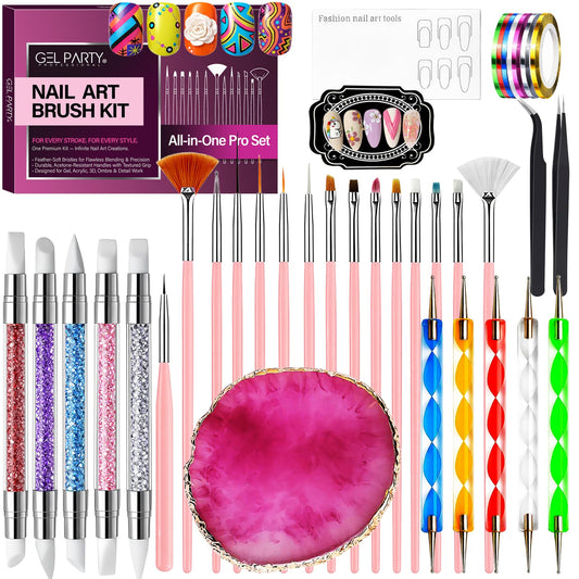 GEL PARTY 38 Pcs Professional Nail Art Brush Kit - All-in-One Nail Design Tools Set with Detail Brushes, Dual-Ended Dotting Pens, Silicone Brushes, Tweezers, Striping Tape & Palette for DIY Manicure