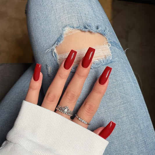Red Press On Nails Medium Long Square, Xcreando Medium Coffin Nails Acrylic Nails Press ons Glue on Nails Medium Length, Solid Color Fake Nails for Women Holiday Thick Artificial Nails