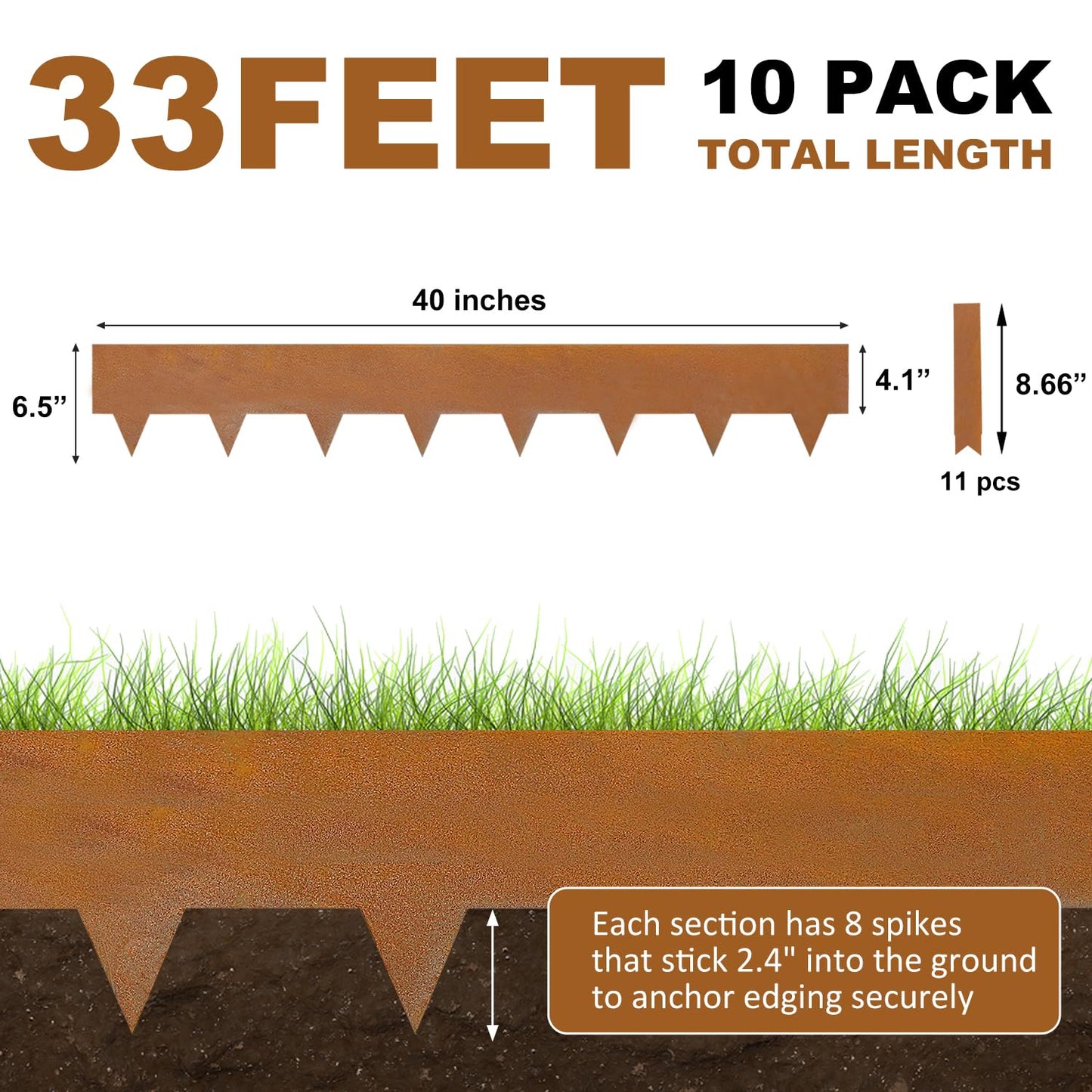 Hugeleaf 10 Pack 6.5 Inch Corten Steel Landscape Edging with 11 Pcs Metal Clips, Hammer-in Heavy Duty Metal Edging Pack of 10 (33 Feet Total Length) -Edge for Lawn Garden Yard, Above Ground 4.1 Inch