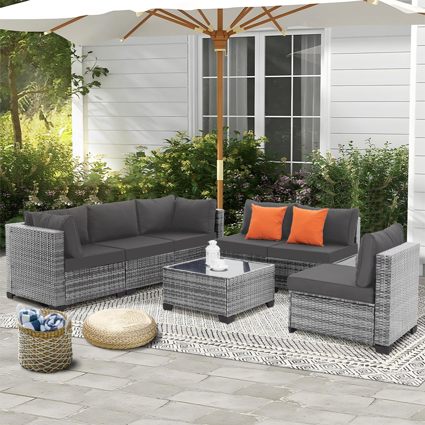 FHFO 7 Pieces Outdoor Patio Furniture Set, Outdoor Conversation Sets Wicker Sectional Couch Rattan Sofa with Thick Cushions & Coffee Table for Garden, Balcony, Backyard, Grey-Grey