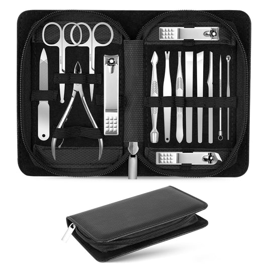 TEPRETER Manicure Set Professional Nail Clipper Kit-15 Pieces Stainless Steel Pedicure kit, Nail Care Tools with Luxurious Travel Case Nail Grooming Kit Present for Men Women Boyfriend Parent (Black)