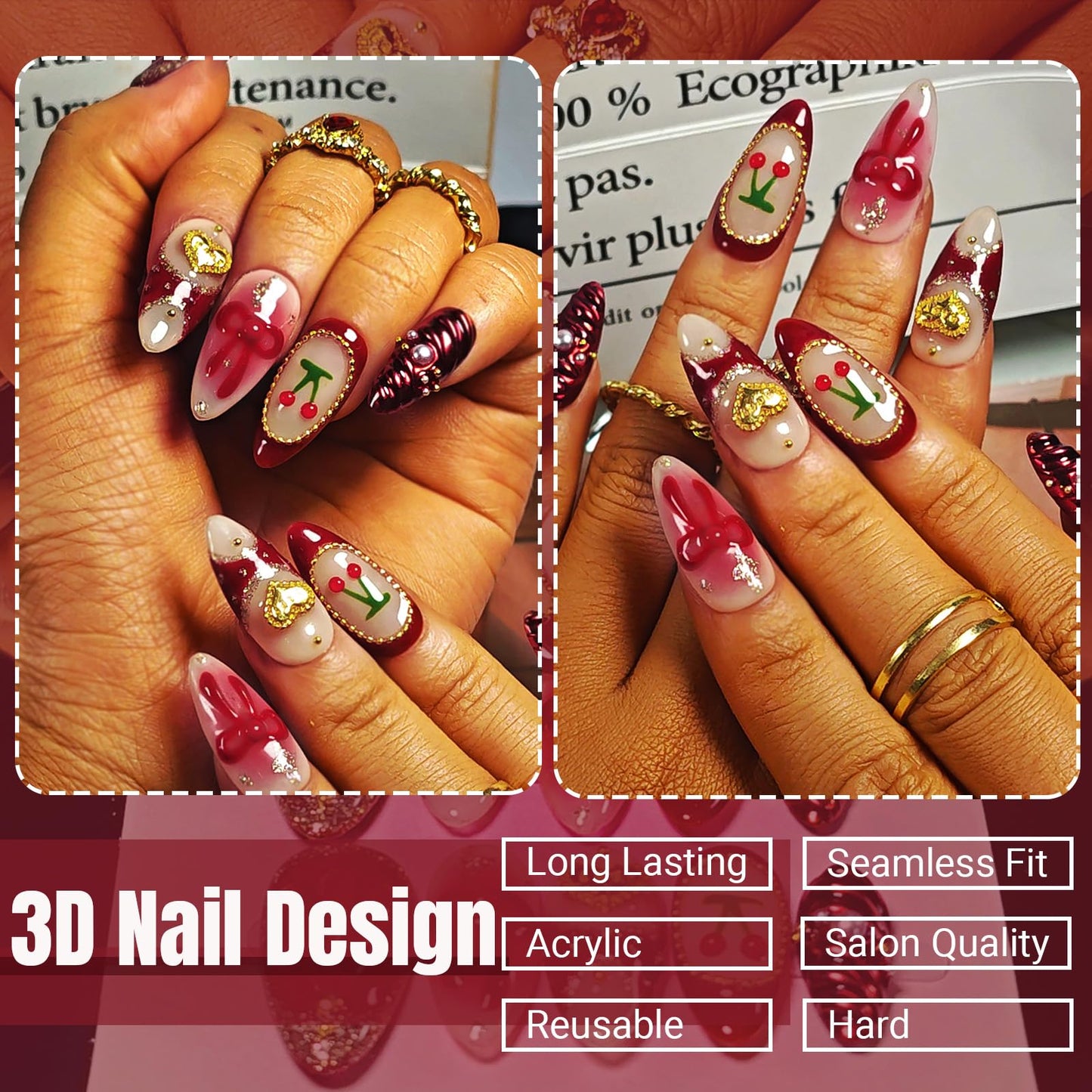 Handmade Acrylic Press On Nails Almond, Red Press On Nails Medium, Ombre Blush 3D Nails Red Chrome Cherry Bow Heart For Women Gift, Reusable Stick On Fake Nails Kit With Nail Glue(Crimson Cutie-M)
