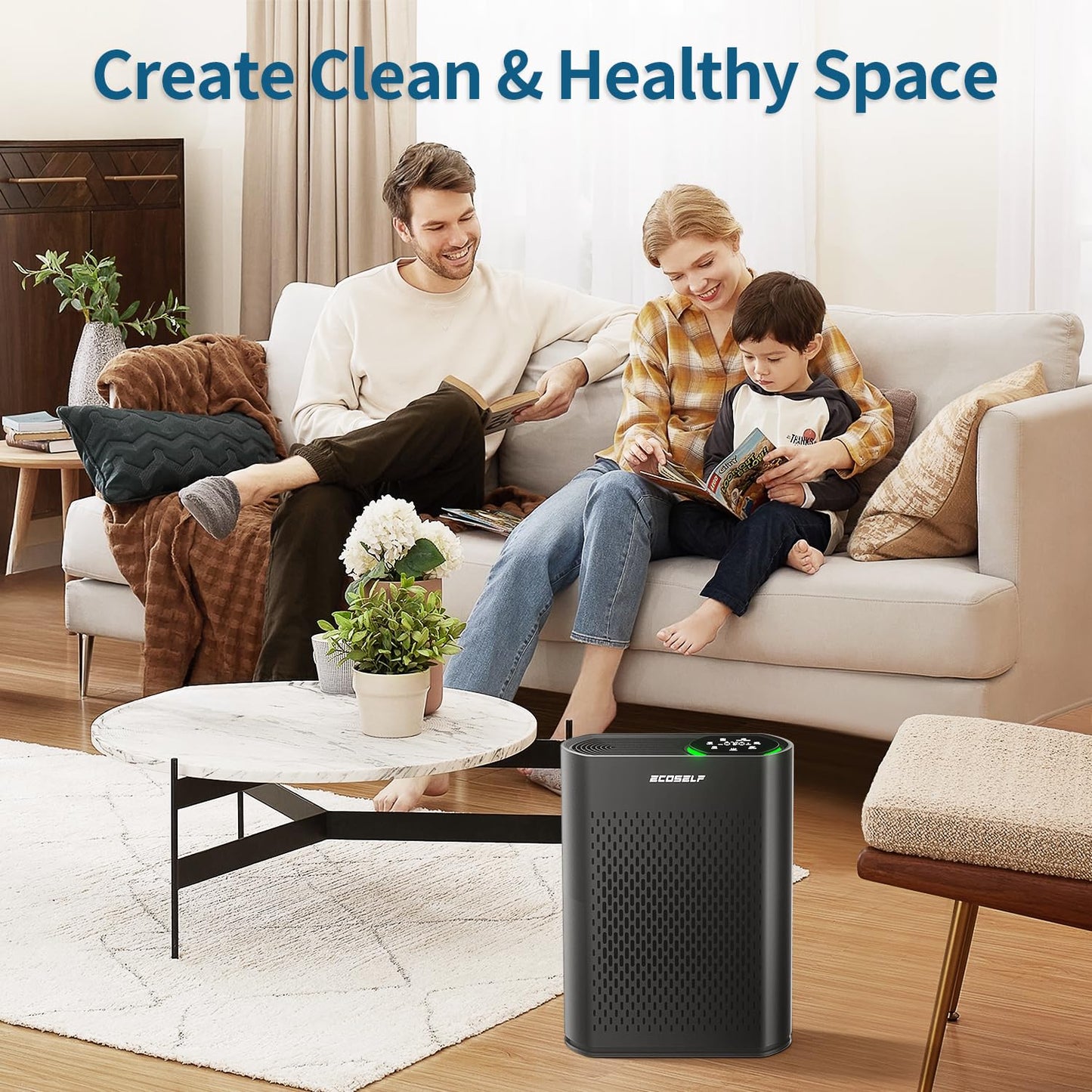 Powerful Air Purifiers for Home Large Room Up to 2400 Ft², ECOSELF HEPA Air Purifier with PM 2.5 Air Quality Display 20dB Sleep Mode, Air Purifiers for Bedroom Office Living Room Black