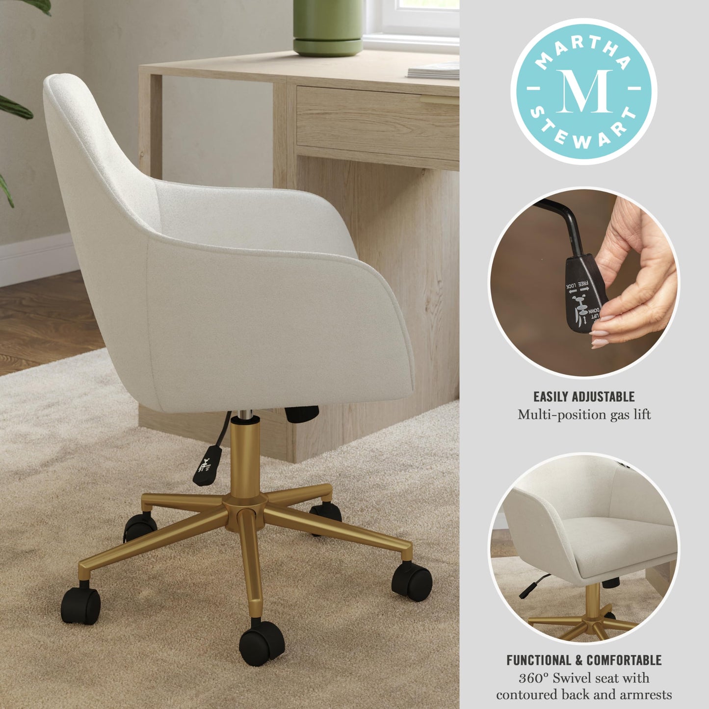 Martha Stewart Rayna Swivel Task Chair with Flared Arms for Home Office in Off White Fabric with Polished Brass Frame