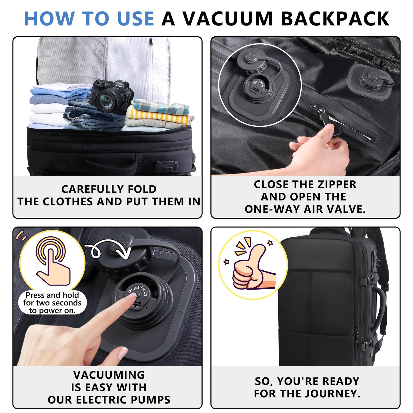 Vacuum Backpack Travel with Pump, Large 80L Exapandable Air Compression Vacuum System, Available Boarding, Carry on Luggage, Water Resistant, TSA Lock and Strong Sealing Airbag for Travel, Black
