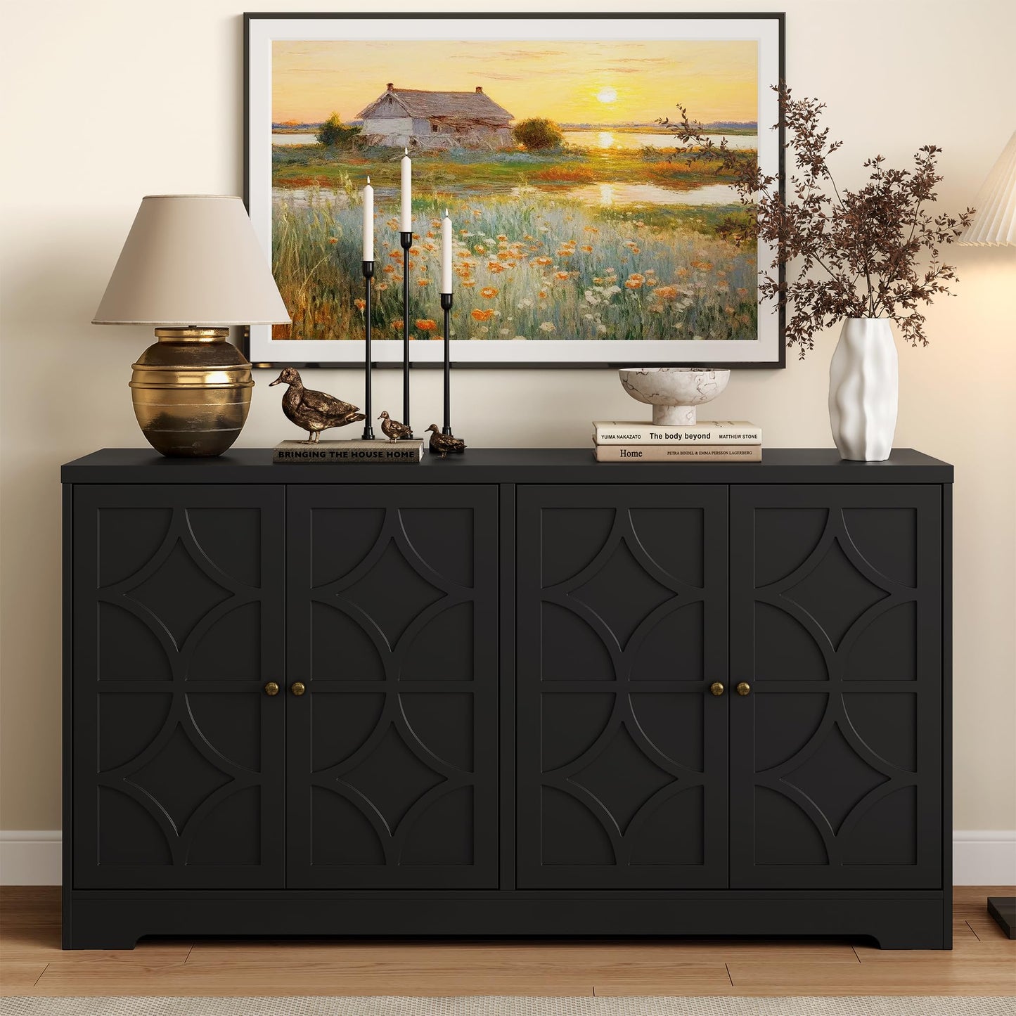 FansaFurn Sideboard Buffet with 4 Doors, Mid-Century Sideboard Cabinet with Adjustable Shelves, Accent Cabinet for Entryway, Living Room, Dining Room, Black