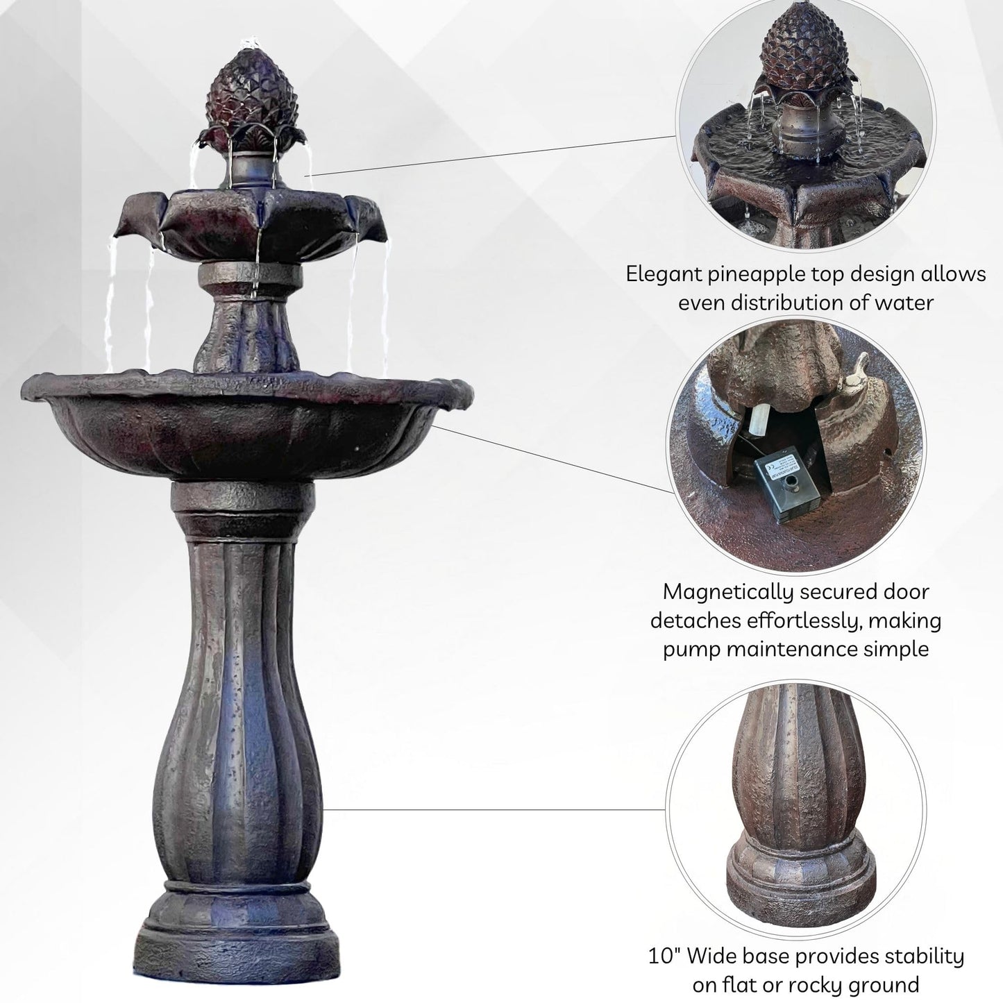 XBrand 44" 2-Tier Solar Water Fountain, Fiberglass/Resin Outdoor Fountain with Solar Panel & Auto Shut-Off Pump, Dark Brown