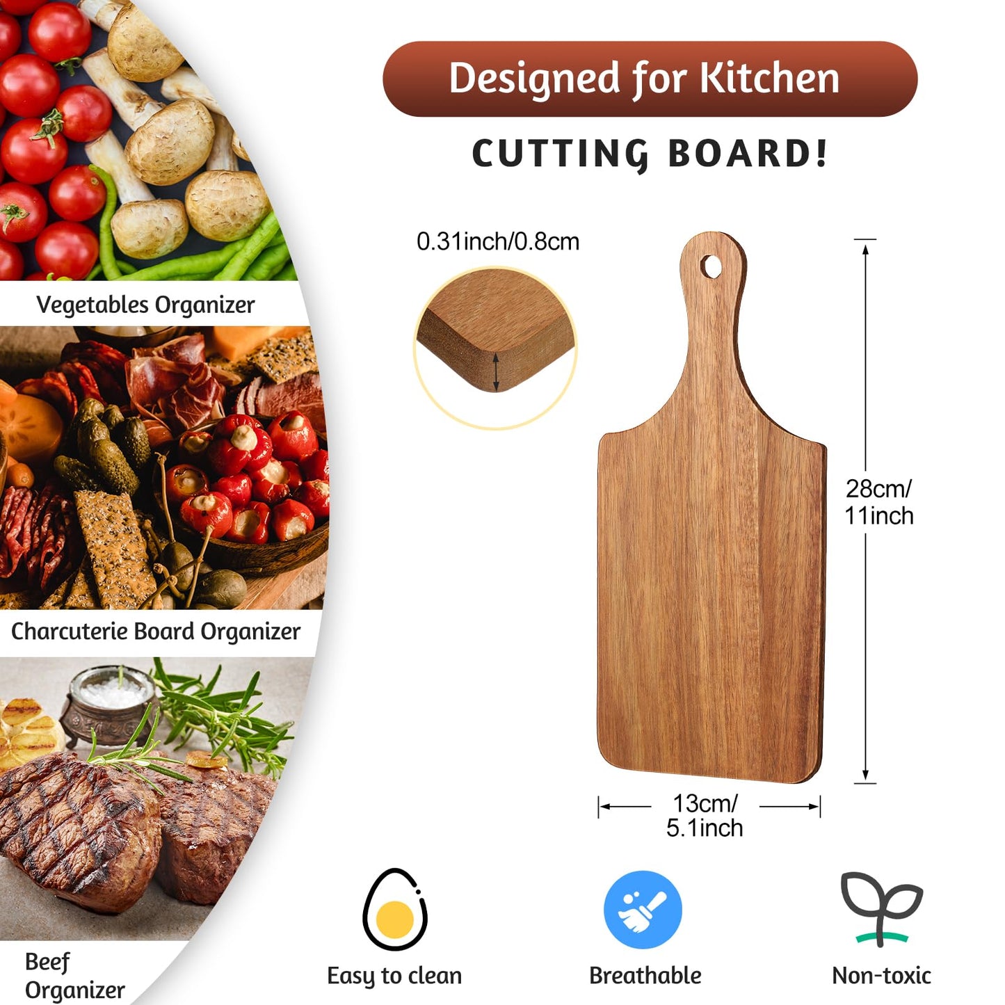 Zubebe 50 Pcs Mini Charcuterie Boards Bulk, 11 x 5 Inch Wooden Cutting Board with Handle Thick 0.31" Blank Boards for Laser Engraving, Wedding Favors Bridal Shower Party Gifts (Acacia)