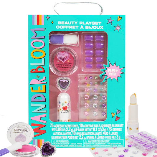 Wander Bloom Beauty Playset, Kids Makeup Kit with Over 85 Pieces, Including Press-On Nails, Lip Balm, Blush, and Face Gems, Pretend Dress-Up Toy for Girls