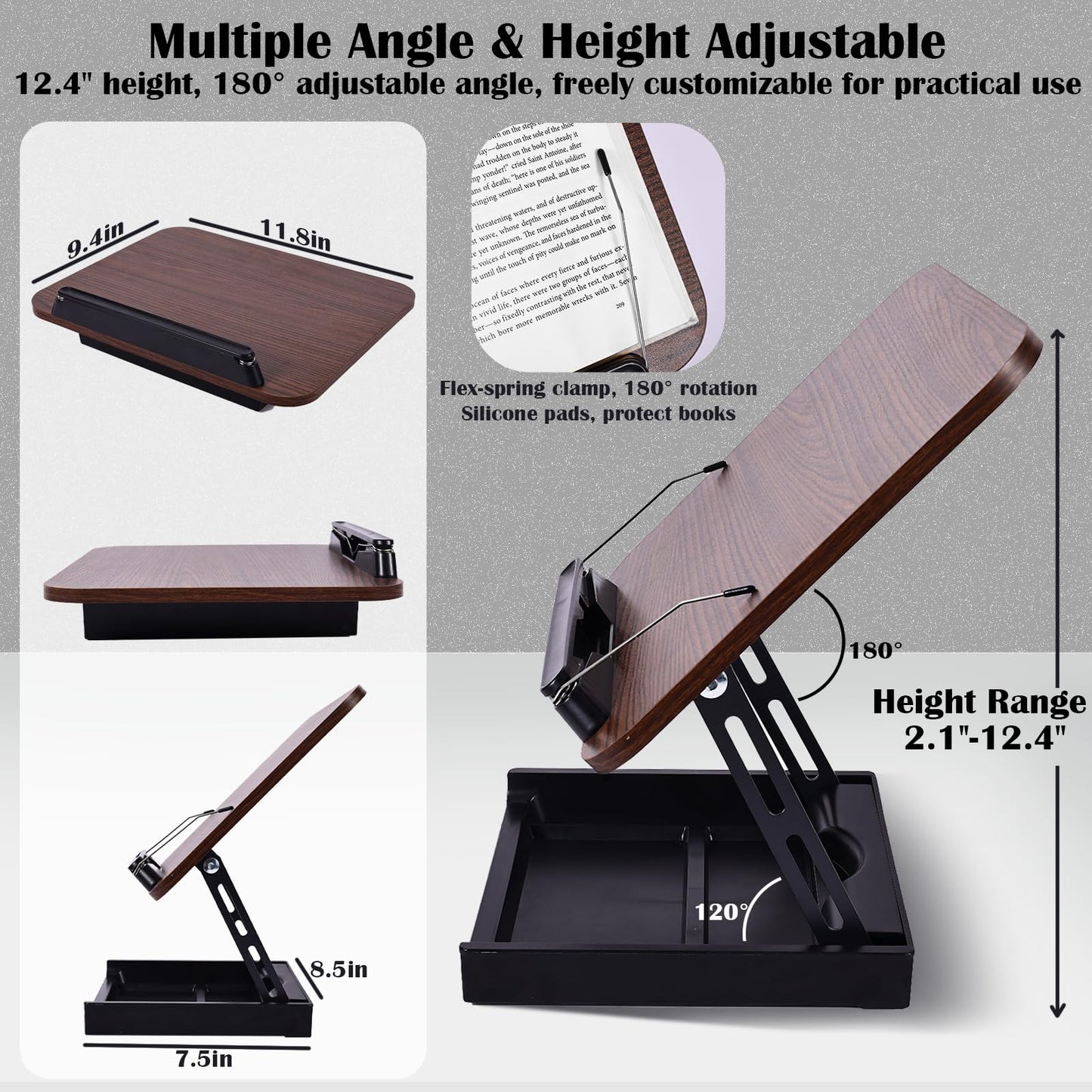 Wooden Book Stand for Reading with Storage Box Non-Slip Base, Adjustable Height & Angle, Foldable Desktop Riser with Page Clip, Hands Free Book Holder for Kitchen Counter, Cookbook, Recipe, Laptop