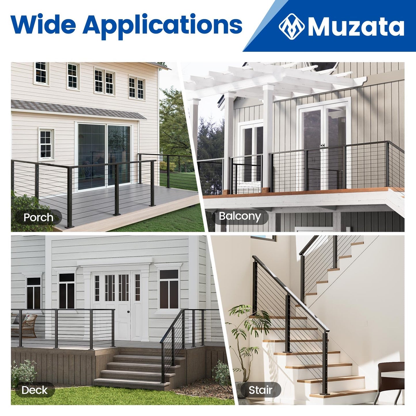 Muzata 15-20FT Modular Black Cable Railing Kit 36 Inch 4 Level Post Kit Complete Set Cable Railing System for Decks Length Adjustable Easy DIY with Paper User Guide (No Handrail) RWS2 BH4S