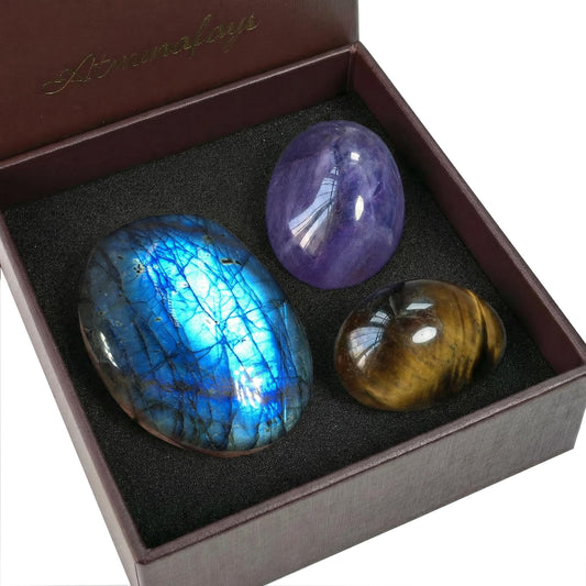 Protection & Anxiety Relief Crystal Set - Polished Palm Stones Labradorite, Tiger Eye & Amethyst, Worry Stones Trio for Meditation, Yoga, Travel Protection, Aura Cleansing & Chakra Balance