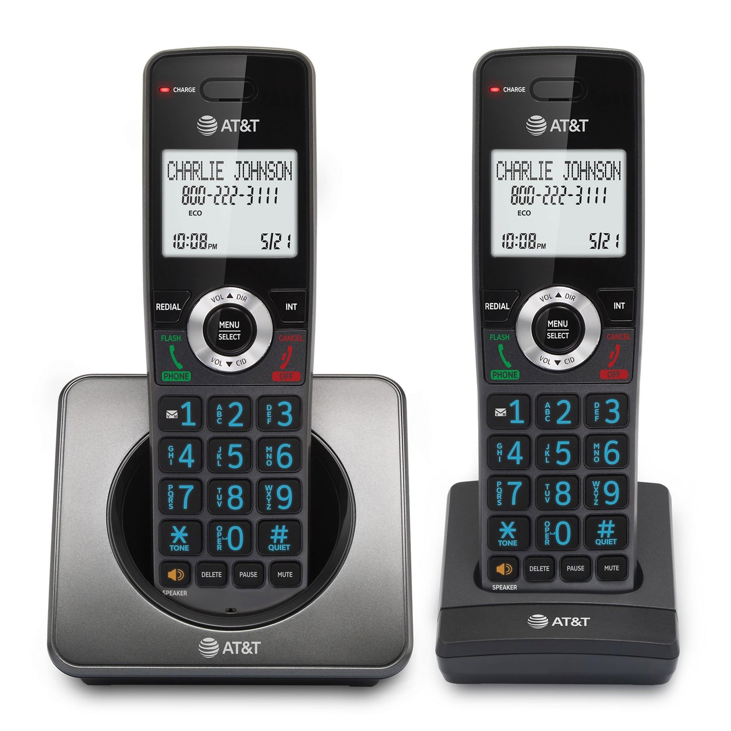 AT&T GL2101-2 DECT 6.0 2-Handset Cordless Phone with Call Block & Caller ID - Full-Duplex Speakerphone, 2" White Backlit Display, Lighted Keypad, Graphite & Black