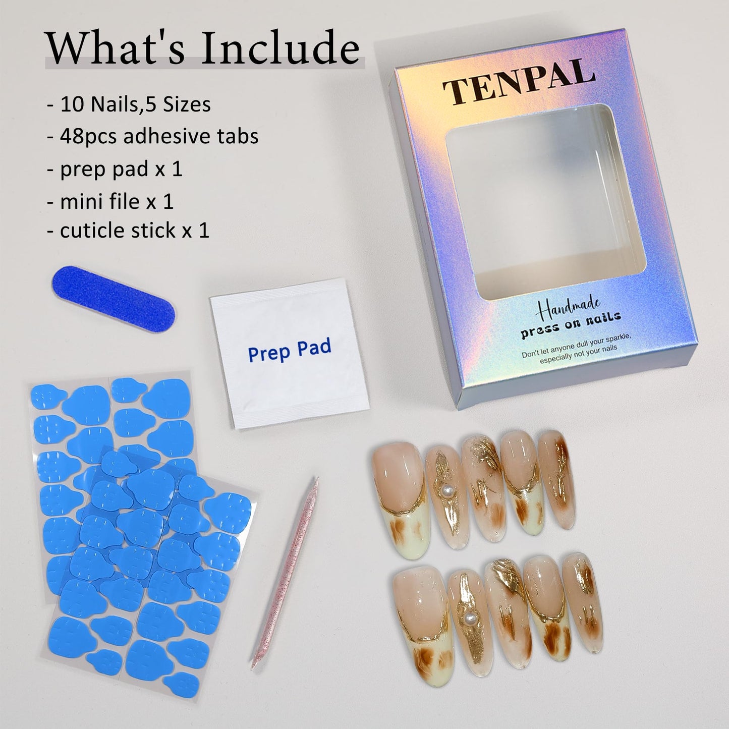 TENPAL Maillard Press on Nails Almond Shape French Tips Nails With Gold Foli Fake Nails With Glue Handmade Acrylic Glossy Soft Gel Light Brown Nails Press ons For Women Girls 10pcs/Box(S)