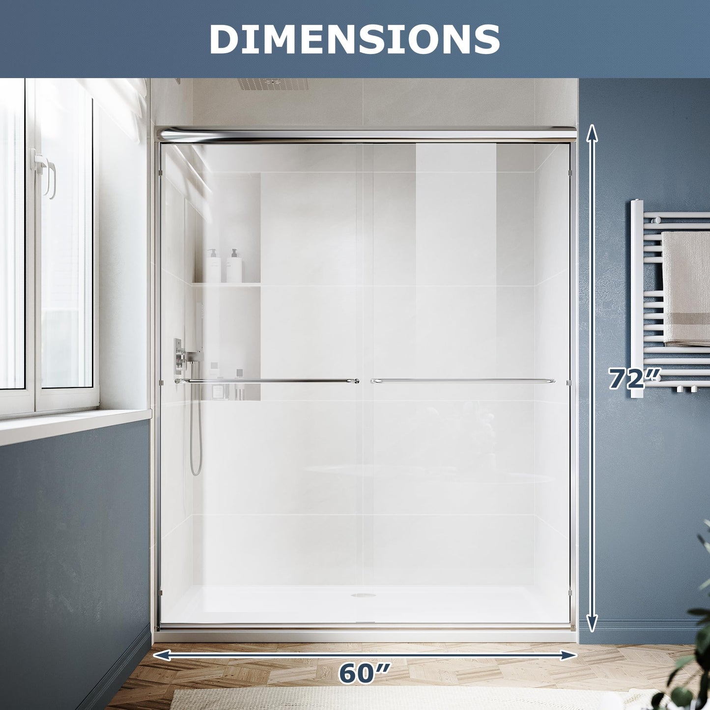 SUNNY SHOWER Double Sliding Glass Door 60" W x 72" H Shower Door 1/4" Tempered Glass Sliding Door Semi-Frameless Shower Glass Enclosure Bypass Walk in Shower Cabin, Chrome Finished
