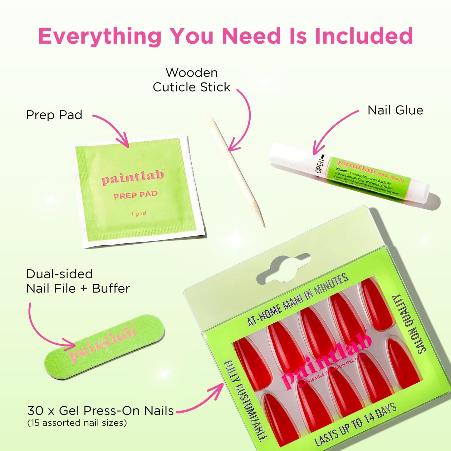 PaintLab Press On Nails - Red Jealous Stiletto Fake Nails, 30 Nails in 15 Sizes with Glue, Reusable Salon Quality Press On Nails