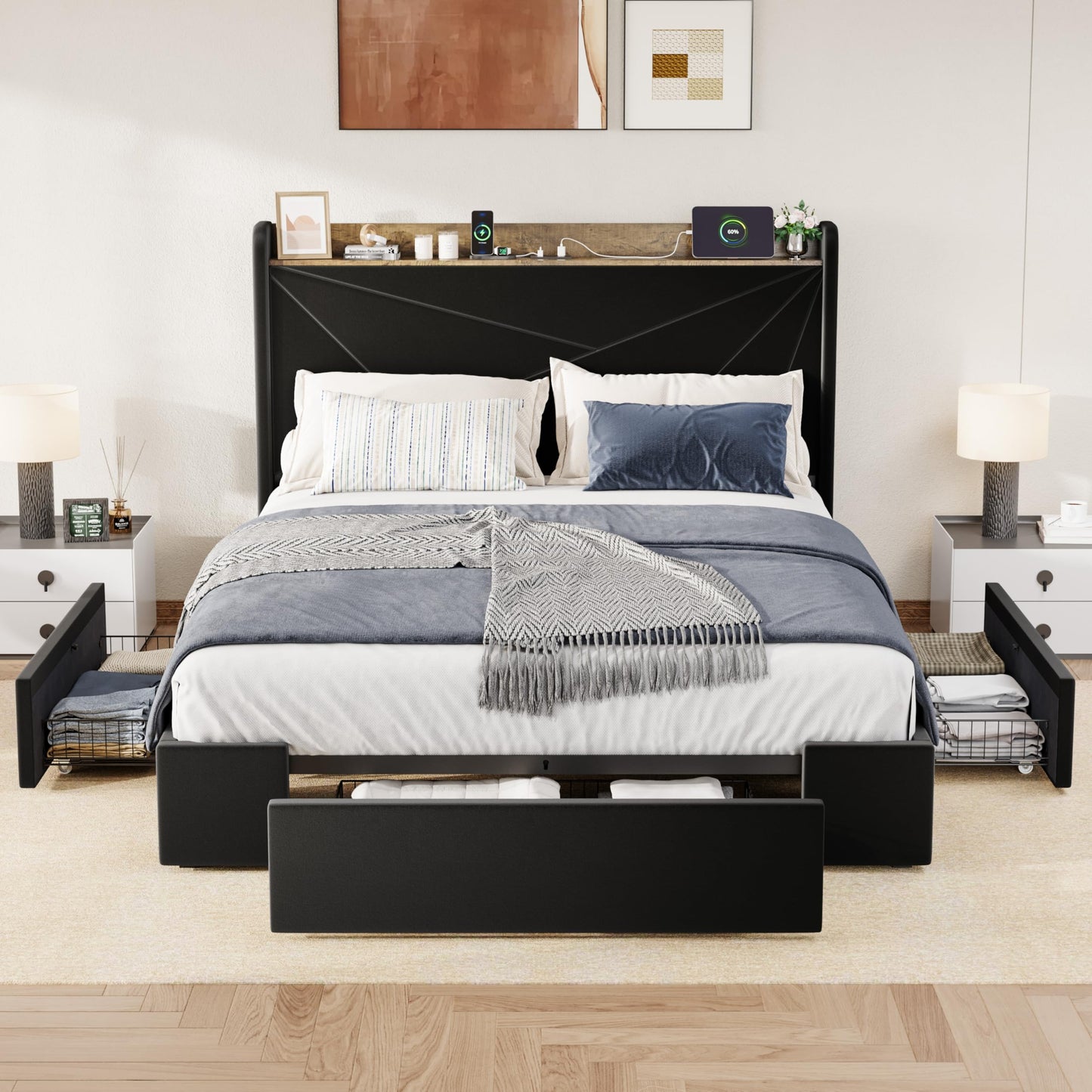 Allewie Queen Size Velvet Bed Frame with 3 Storage Drawers, Upholstered Platform Bed with Wingback Storage Headboard and USB Ports, No Box Spring Needed, Easy Assembly, Black