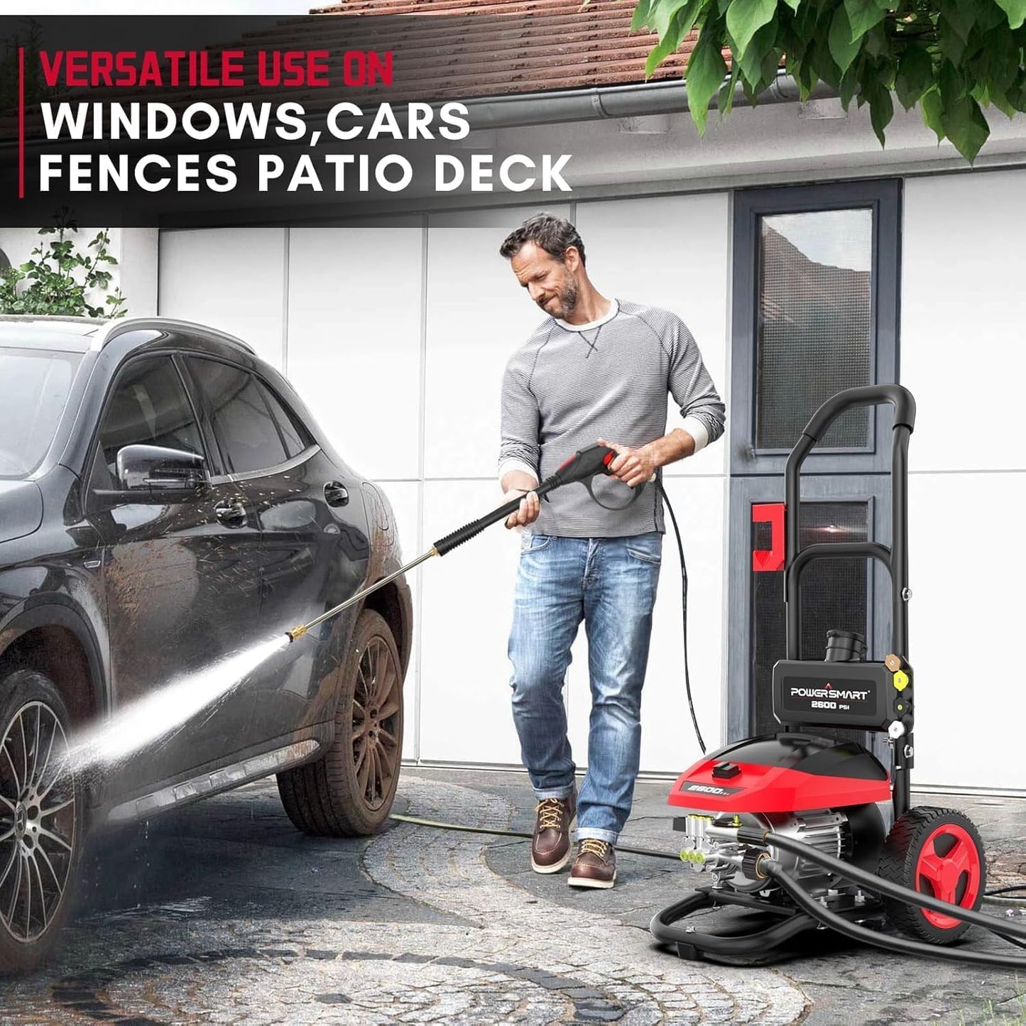PowerSmart DB1002 2600 PSI Electric Pressure Washer with Induction Brushless Motor, 1.2 GPM High Pressure Cleaner, 5 Nozzles, 8” Wheels, Detergent Tank, for Car, Patio, Fence, Driveway Cleaning