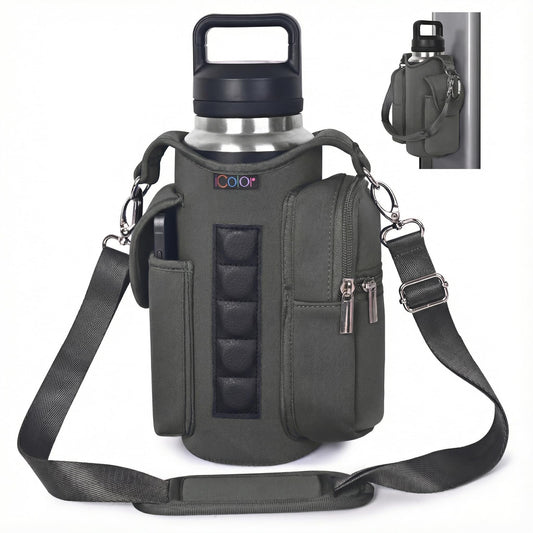 icolor Magnetic Gym Bag Water Bottle Carrier Holder with Phone Pockets & Shoulder Strap Small Gym Bag 5 Built-in Magnets Gym Accessories Organizer Magnetic Bottle Pouch for Men Women (Gray)