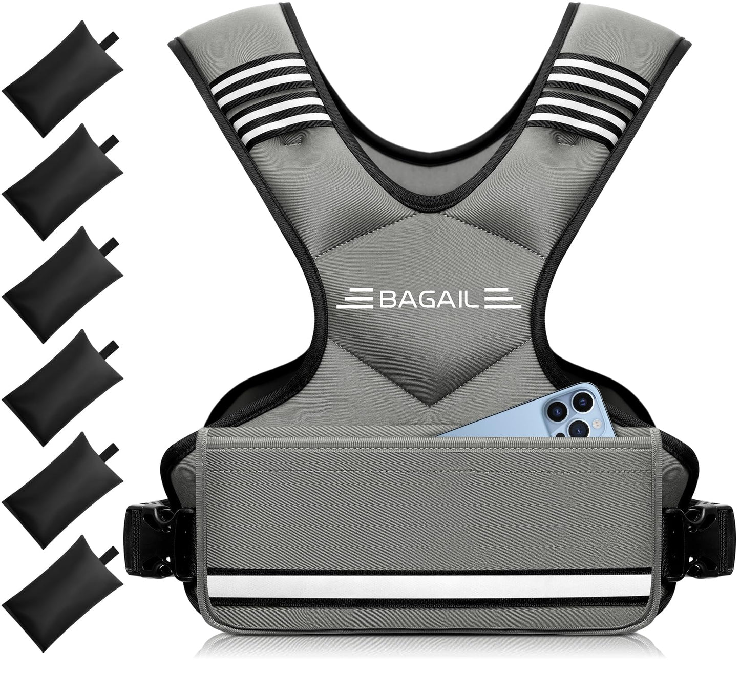 BAGAIL Adjustable Weighted Vest for Men 20-32lb, Comfortable U-Neck Rucking Vest with 6 Removable Weights, Storage Pocket and Reflective Strips for Strength Training, Advanced Bodyweight Workouts & Endurance