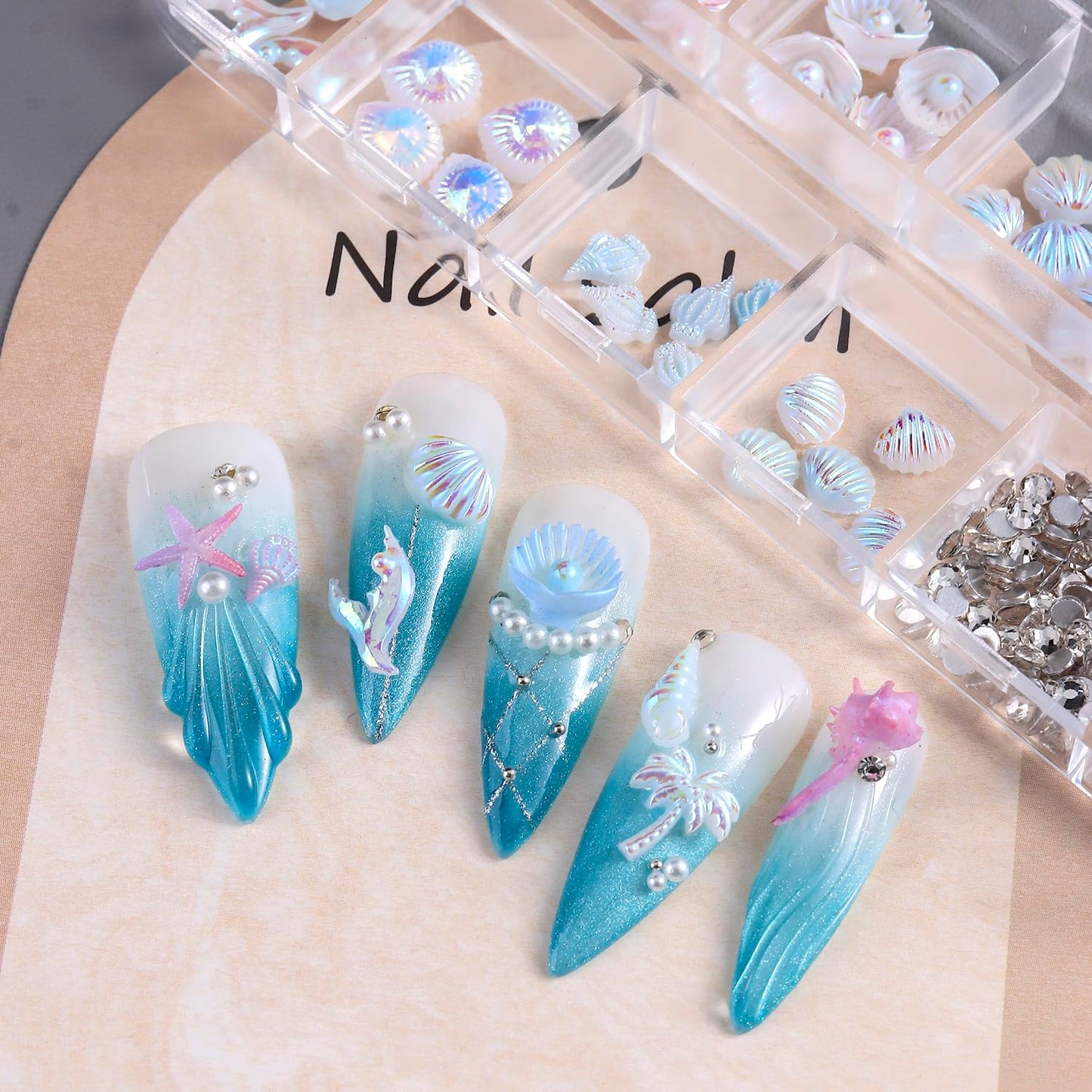 3D Summer Beach Resin Nail Charms, Aurora Shell Starfish Conch Fishtail Nail Decorations with Flatback Pearls and Rhinestones Gems for Nail Art DIY Crafts Manicure Jewel Accessories