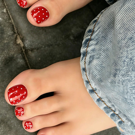 RUOKEXIN Short Press on Toenails Square Fake Toenails with White Spots Designs Red Toe Nail Press ons Sparkly Artificial Nails for Women 24Pcs