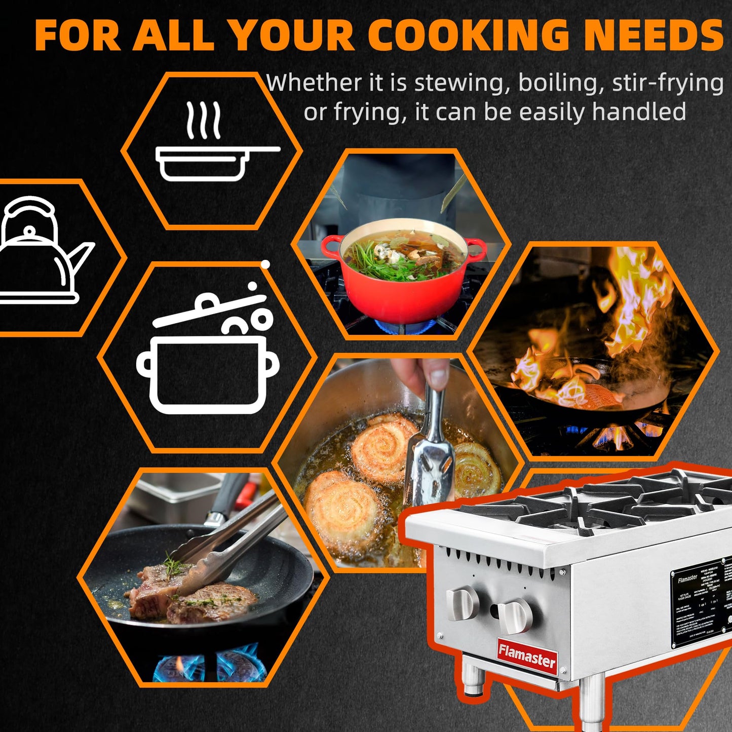 2 Burner Commercial Hot Plate, 12" Countertop Gas Stove Stainless Steel Natural Gas Range with Propane Conversion Kit Cooking Equipment for Restaurant Kitchen-50000 BTU