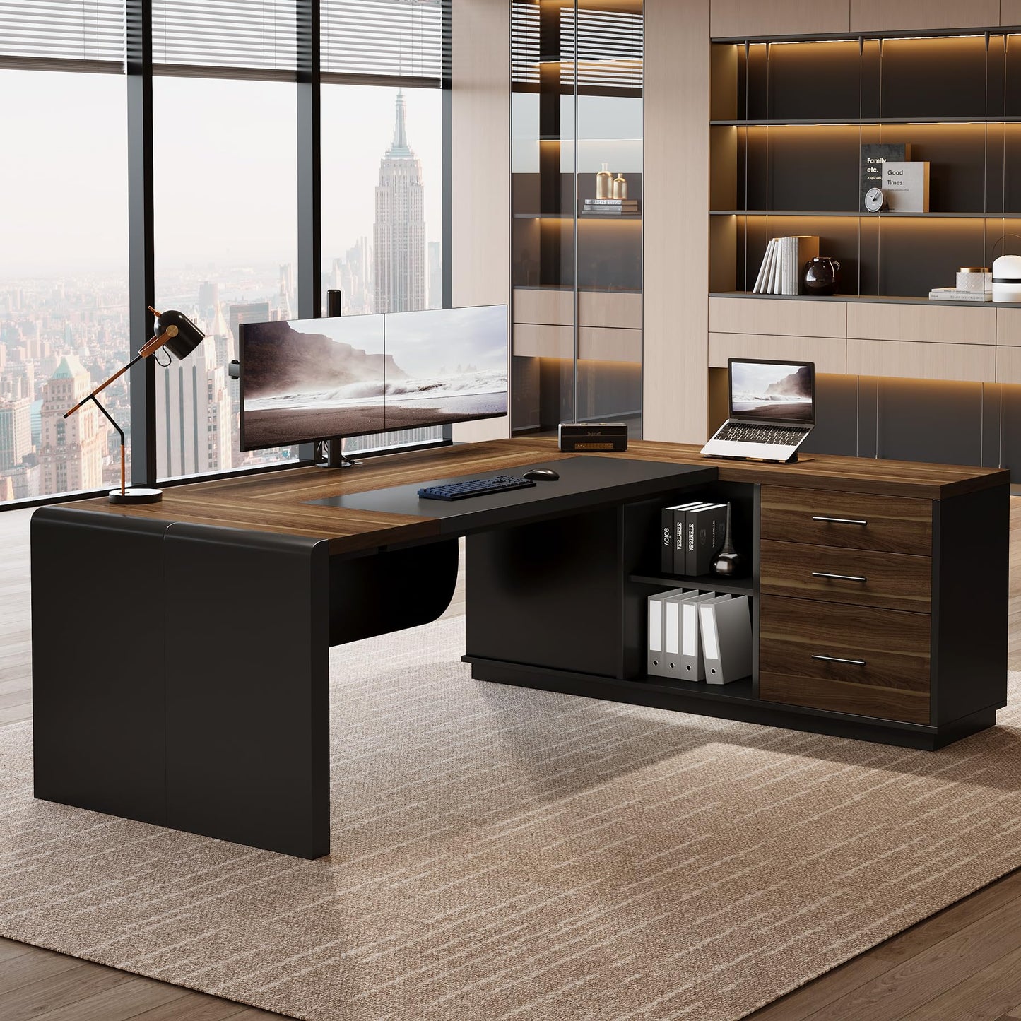 Tribesigns 81-Inch L-Shaped Office Desk, Large Commercial Office Desk with Drawers and File Cabinet, Modern Professional Business Furniture Workstations with Storage Shelves, Brown & Black