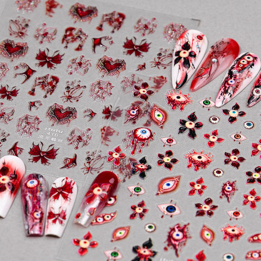 Halloween Nail Stickers for Nail Art 2 Sheet, Red Hibiscus Flowers Evil Eye Nail Decals 5D Embossed Spider Web Bat Design Stickers Halloween Nail Supplies for Women Girls DIY Nail Decorations
