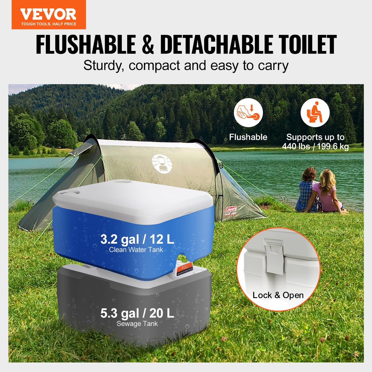 VEVOR Portable Toilet Bundle with Flush and Wakeman Pop Up Pod Privacy Tent for Camping, Beach, Tailgate