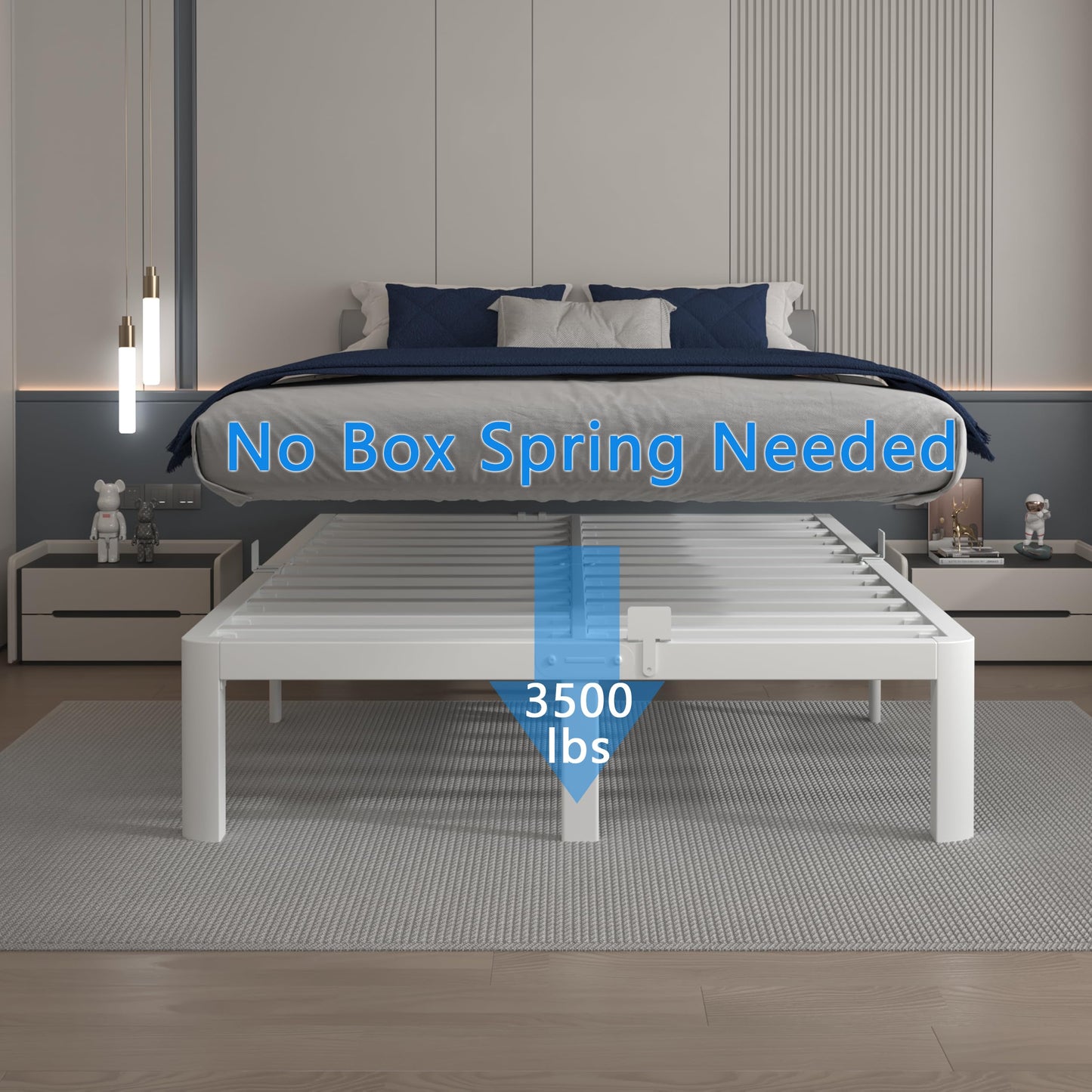 KOSOSO 12 Inch King Size Bed Frame with Metal Gaskets, White Bed Frame King Size No Box Spring Needed, Heavy Duty Steel Platform Support, Round Corner Design, Reserved Holes, Noiseless, Storage Space