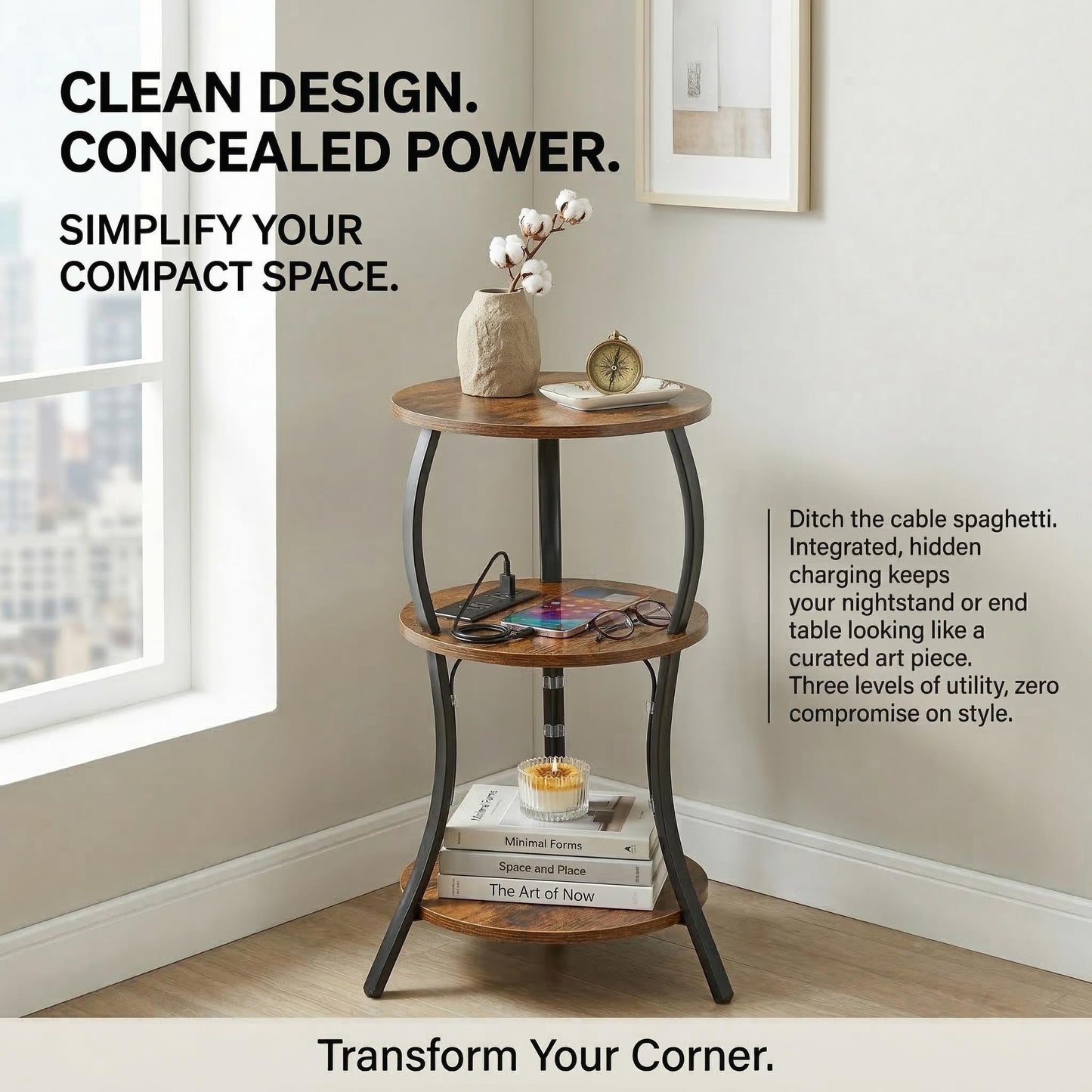 Small Round Side Table with Charging Station, 3-Tier Waist Circular End Table with Storage Shelf, Compact Tea Sofa Side Table Small Spaces, Round Corner Coffee Table for Living Room Bedroon,Brown