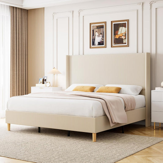 GarveeHome Queen Bed Frame, Upholstered Platform Velvet Bed Frame Queen Size with Vertical Channel Tufted Wingback Headboard, Strong Wooden Slats, No Box Spring Needed, Easy Assembly, Beige