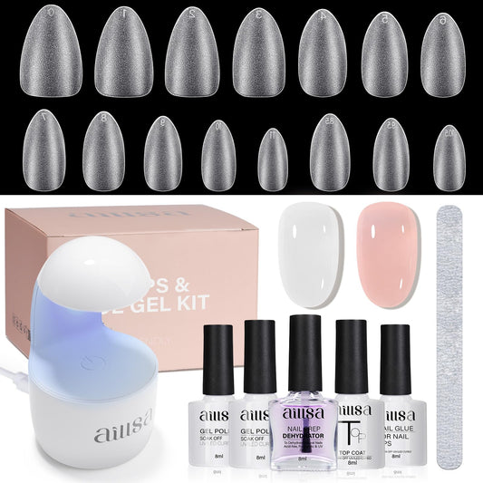 AILLSA Almond Nail Kit with U V Lamp 240pcs Short Gel Nail Tips and Glue Gel Kit with 2 in 1 Nail Glue Base Top Coat and Nail Dehydrator for Beginners DIY Home Salon