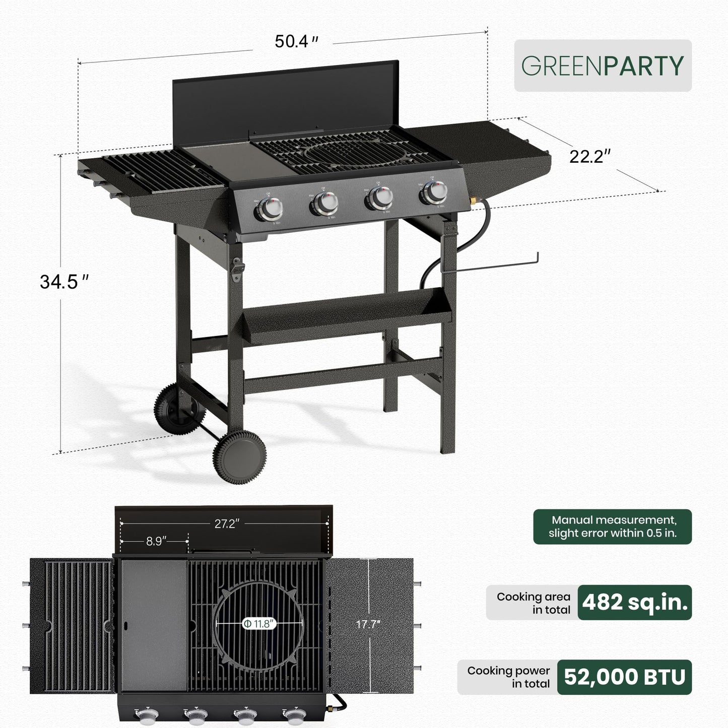 3 in 1 Propane Griddle Grill Stove Combo,4-Burner Propane Gas BBQ Grill with Porcelain-Enameled Cast lron Grates & Plate, 52,000 BTU Barbecue Combo Grill for Outdoor Cooking Camping Patio Backyard