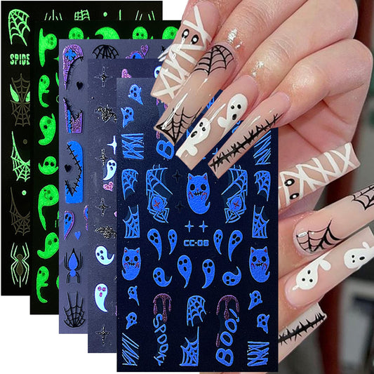 5Sheets Glow in Dark Halloween Nail Art Stickers - Luminous Spooky Nail Decals with Cute Ghost, Bat & Spider Designs for Women & Girls