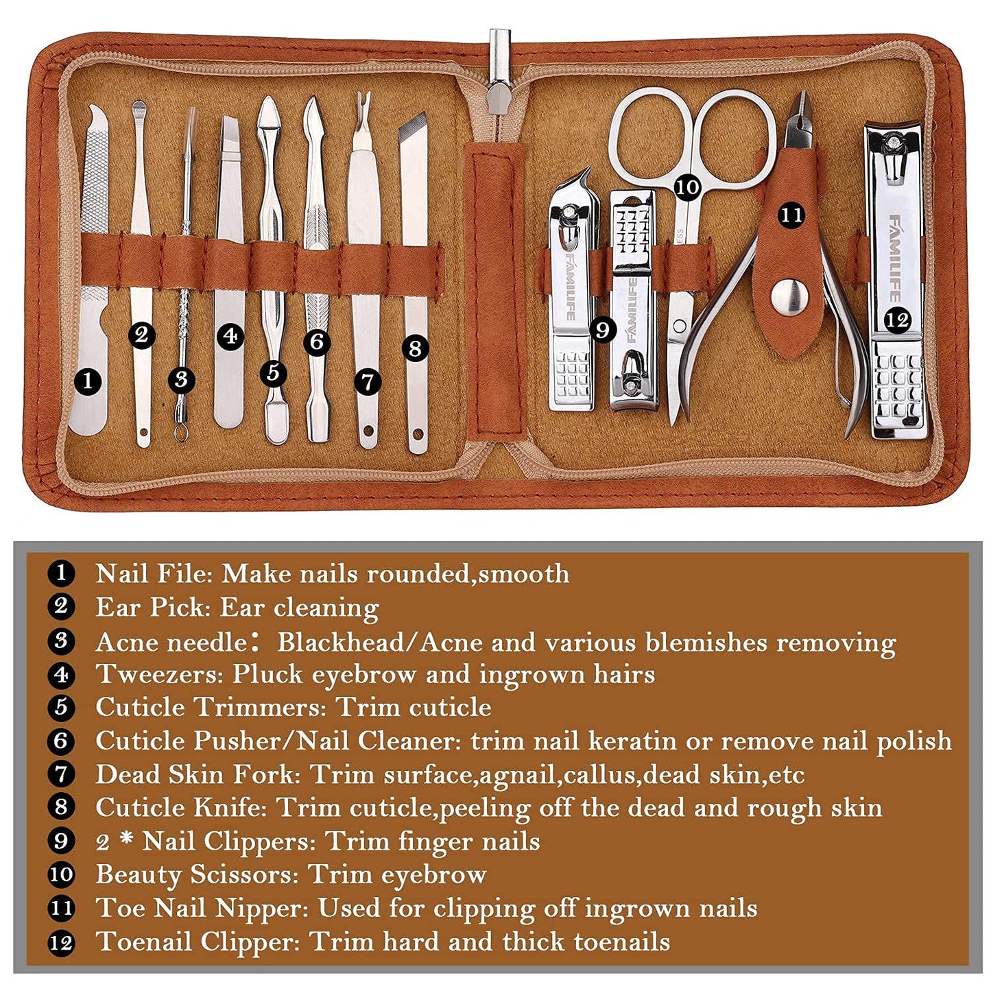 FAMILIFE F03 Manicure Set, Pedicure Kit Nail Clipper Set 13pcs Professional Men Grooming Kit and 11 in 1 Stainless Steel Mens Manicure Kit Leather Pedicure Tools Kit Grooming Kit with Travel Case Box
