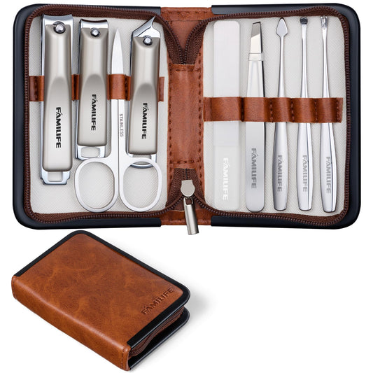 FAMILIFE Nail Care Kit 9-in-1 Professional - Carbon Steel Cuticle Scissors, Fingernail & Toenail Clippers for Nails, Manicure Set Travel Grooming Kit with Case (Brown)