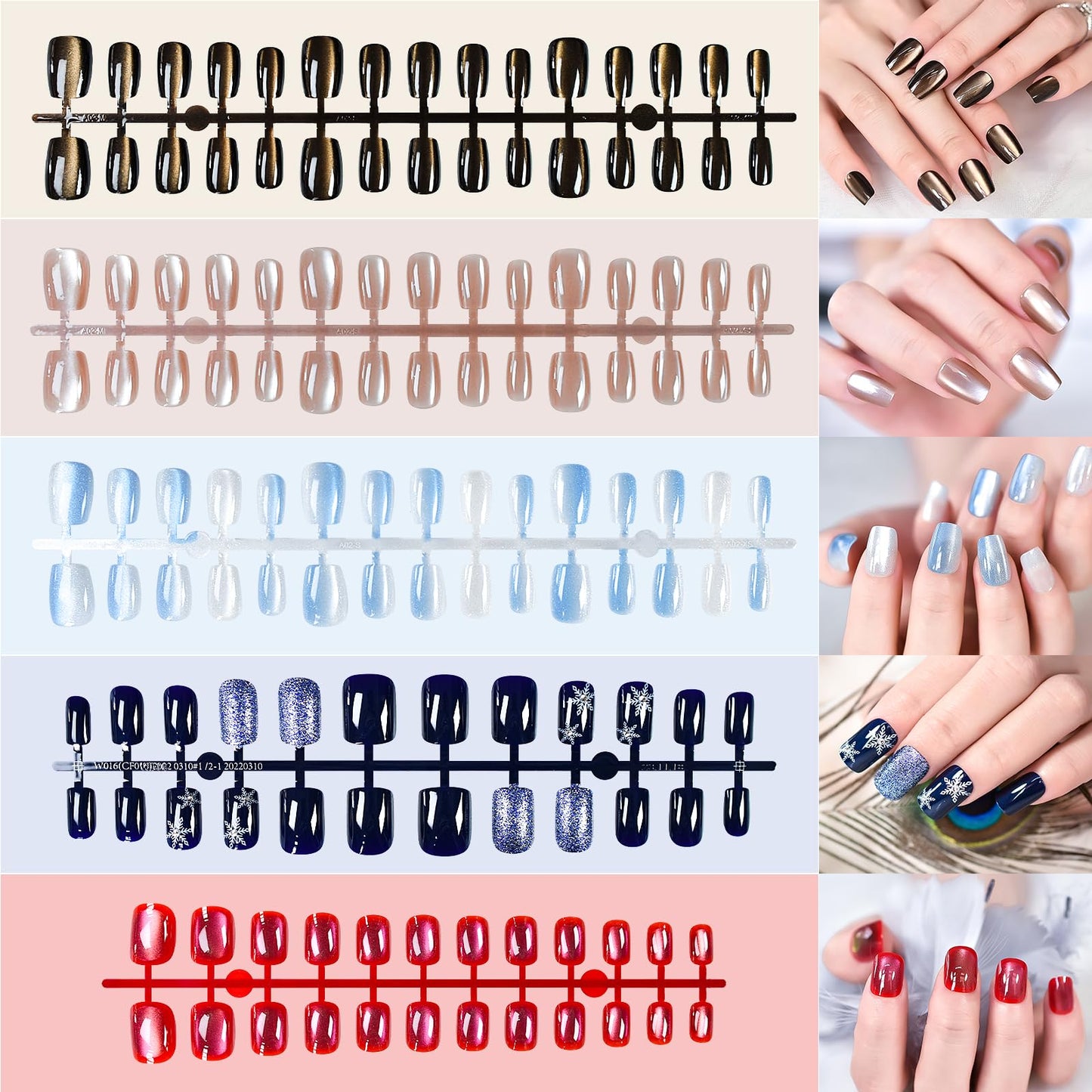ELEVENAIL 5 Packs Shimmery Brown Blue Press on Nails Glossy Cat Eye Gel Nail Art Tips Medium Length Squoval Glitter False Nails Salon Manicure Kits Reusable Acrylic Nails Fake Fingernails