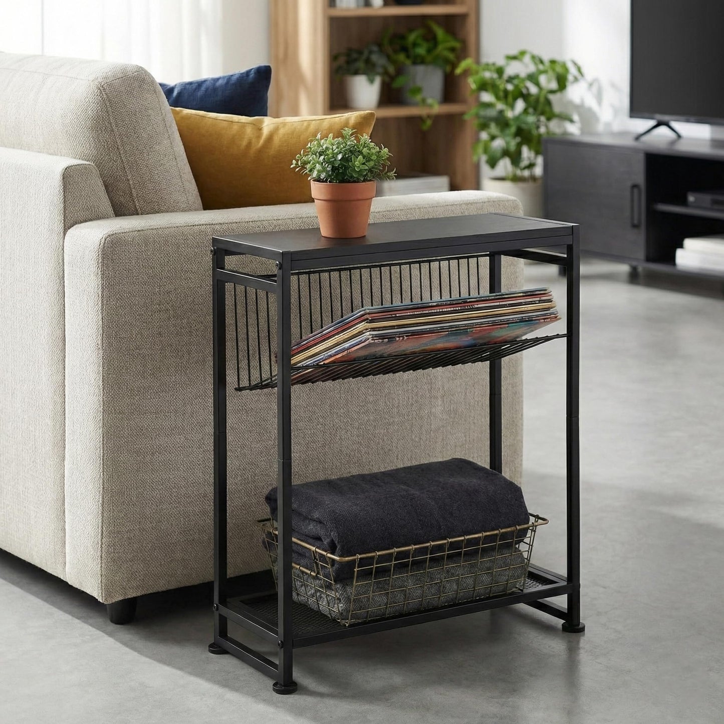 Dulcii Small Side Table for Small Spaces - Slim End Table with Magazine Holder - 2 in 1 Design Narrow End Table Living Room - Skinny Bedside Table Nightstand Bedroom Thin Side Table, Black