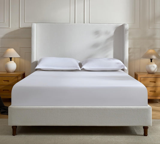 KEIKI Chenille California King Size Bed Frame, 54" Tall Headboard Upholstered Platform BedFrame with Wingback, Elegant Simplicity, No Box Spring Needed, Solid Oak Wood Feet, Cream White