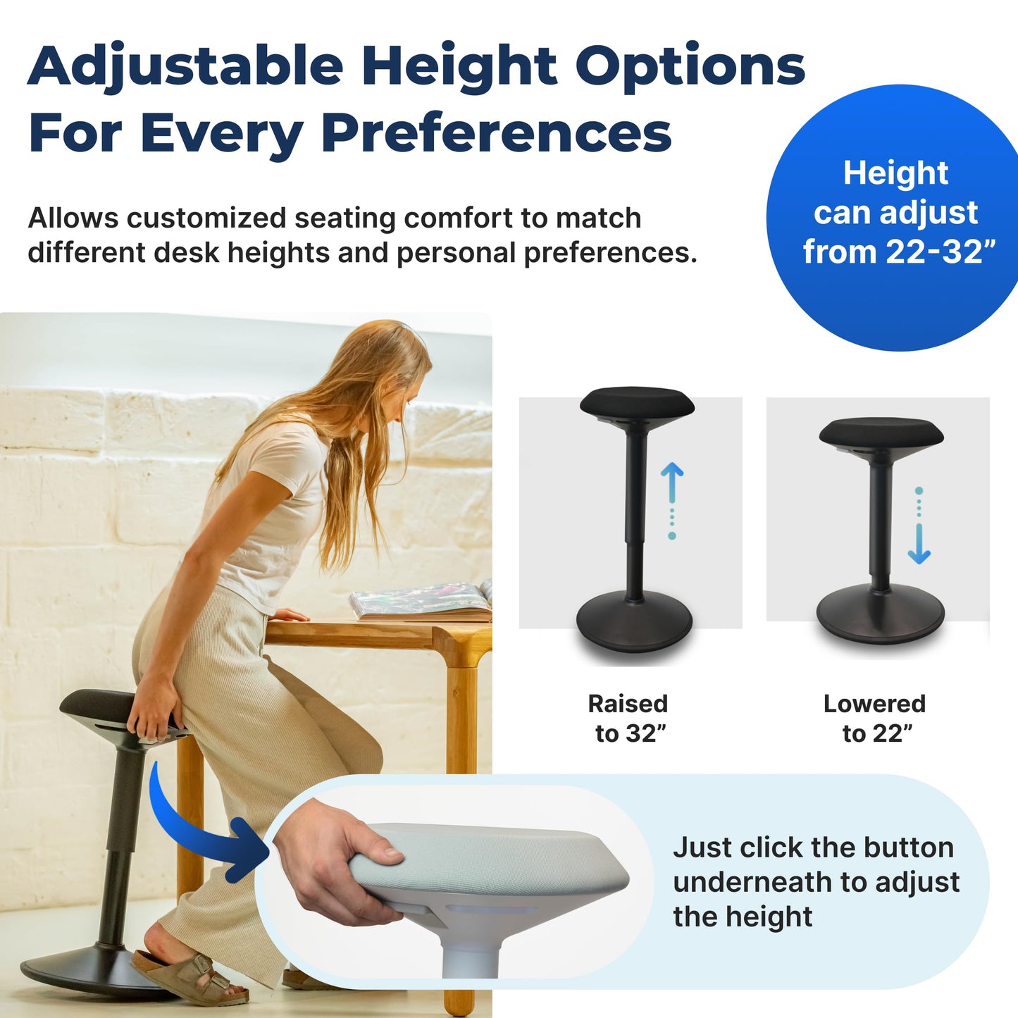 Backerz Standing Desk Stool Chair, Height Adjustable Stool 21-31 inch for Office and Classroom, Swivel Stool, Anti-Slip Bottom Ergonomic Wobble Stool with Rocking Motion, White